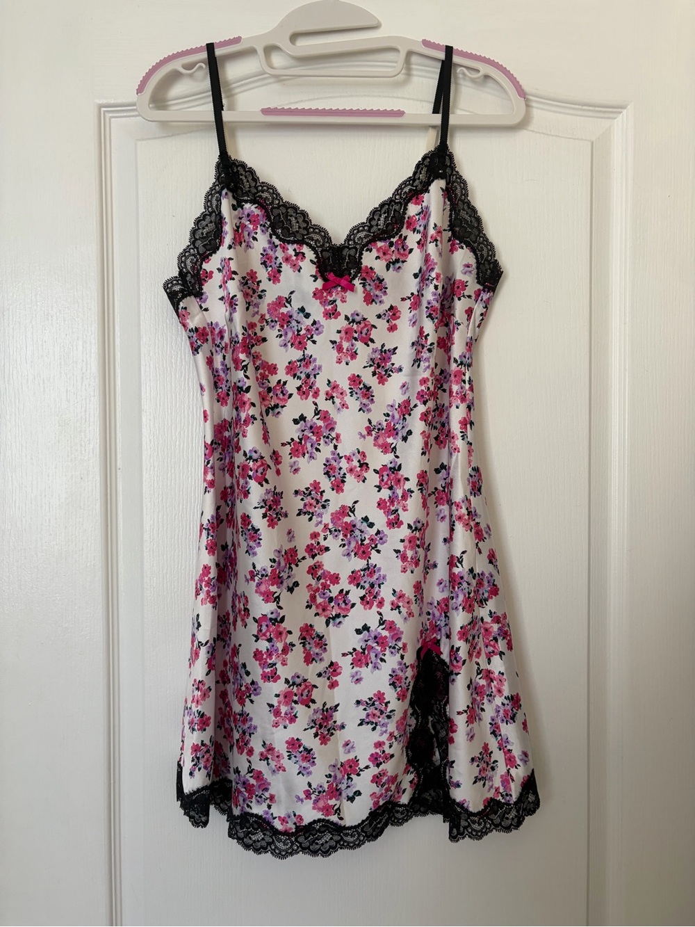 Victoria's Secret White Satin Slip Dress with Pink Floral Print & Black Lace